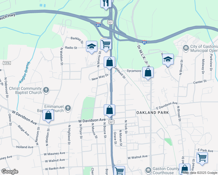 map of restaurants, bars, coffee shops, grocery stores, and more near 1204 North Chester Street in Gastonia