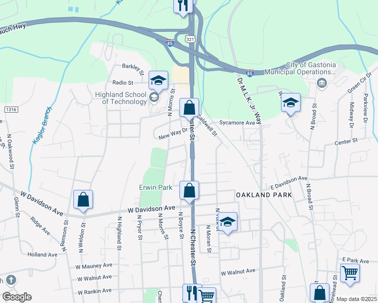 map of restaurants, bars, coffee shops, grocery stores, and more near 1208 North Boyce Street in Gastonia