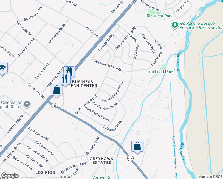map of restaurants, bars, coffee shops, grocery stores, and more near 6220 Salt Cedar Road Northeast in Rio Rancho