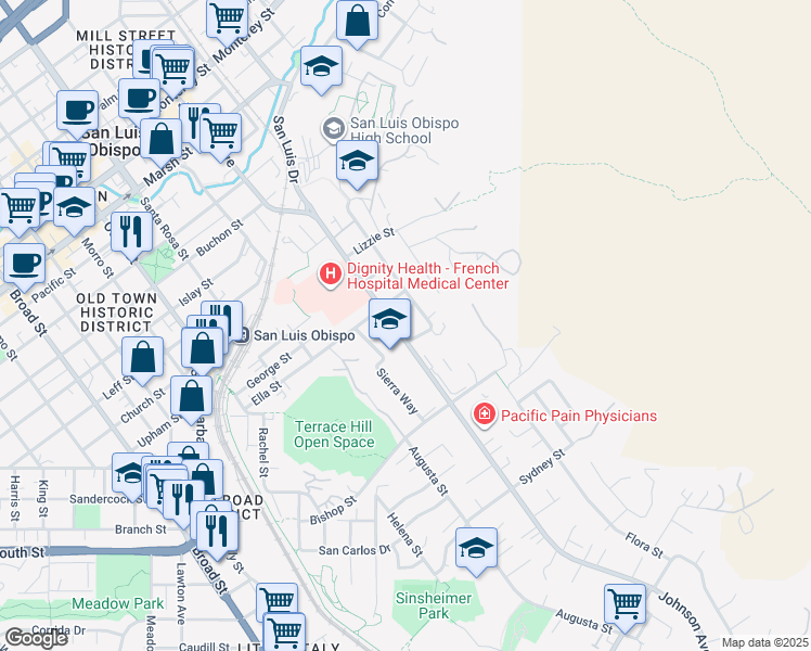 map of restaurants, bars, coffee shops, grocery stores, and more near 2052 Johnson Avenue in San Luis Obispo