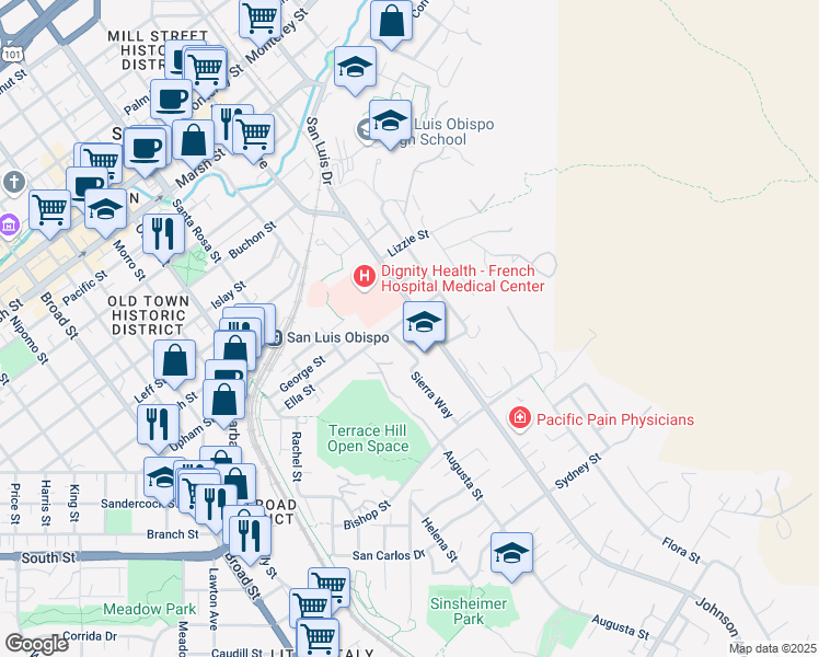 map of restaurants, bars, coffee shops, grocery stores, and more near 1345 Ella Street in San Luis Obispo