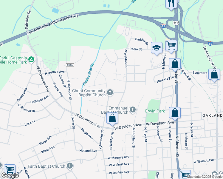 map of restaurants, bars, coffee shops, grocery stores, and more near 928 West Sycamore Avenue in Gastonia