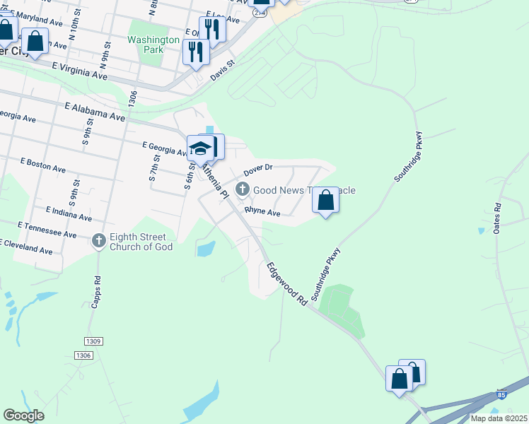 map of restaurants, bars, coffee shops, grocery stores, and more near 128 Terrace Drive in Bessemer City