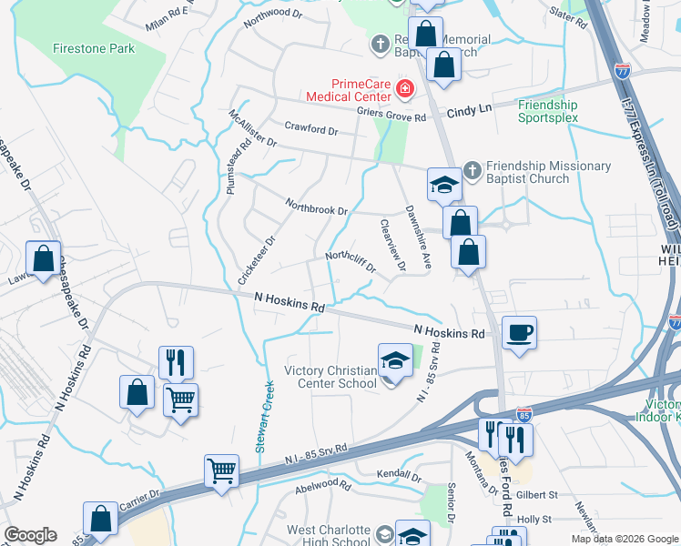 map of restaurants, bars, coffee shops, grocery stores, and more near 1733 Woodvalley Drive in Charlotte