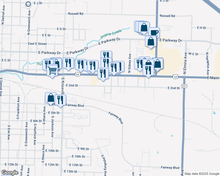 map of restaurants, bars, coffee shops, grocery stores, and more near 1644 East 2nd Street in Russellville