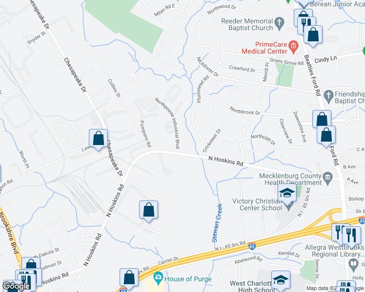 map of restaurants, bars, coffee shops, grocery stores, and more near 4100 Northpointe Industrial Boulevard in Charlotte