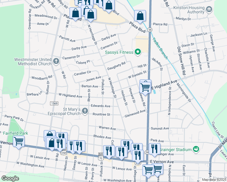 map of restaurants, bars, coffee shops, grocery stores, and more near North Herritage Street in Kinston