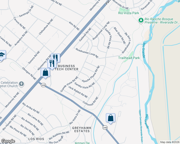 map of restaurants, bars, coffee shops, grocery stores, and more near 6220 Salt Cedar Road Northeast in Rio Rancho