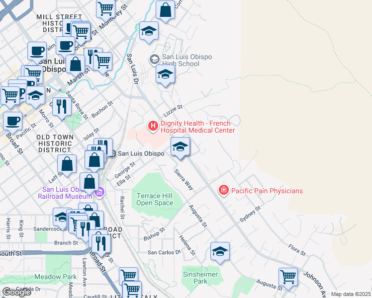 map of restaurants, bars, coffee shops, grocery stores, and more near 2052 Johnson Avenue in San Luis Obispo