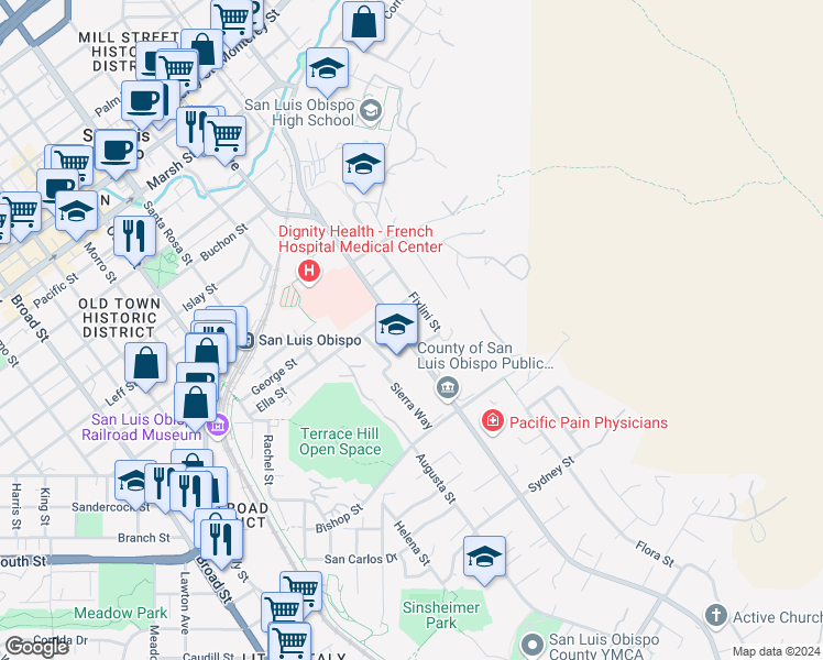 map of restaurants, bars, coffee shops, grocery stores, and more near 2052 Johnson Avenue in San Luis Obispo