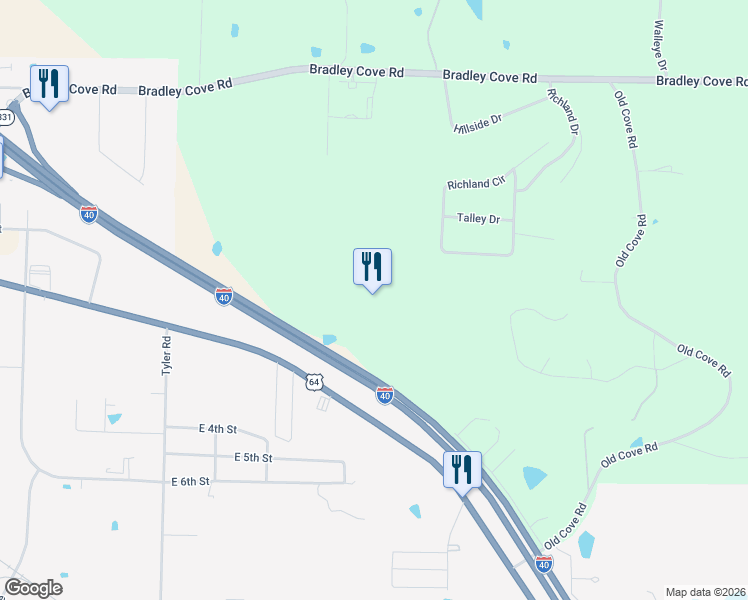 map of restaurants, bars, coffee shops, grocery stores, and more near 348 Furniture Road in Russellville