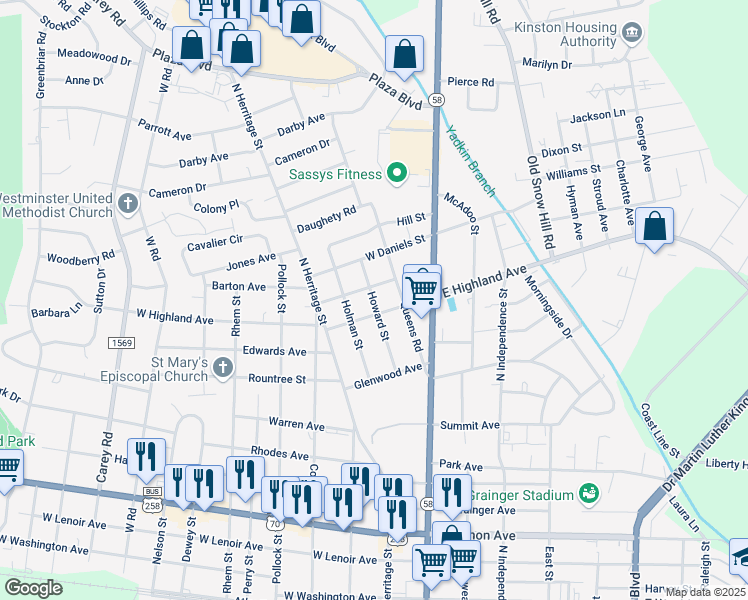 map of restaurants, bars, coffee shops, grocery stores, and more near 1403 Howard St in Kinston