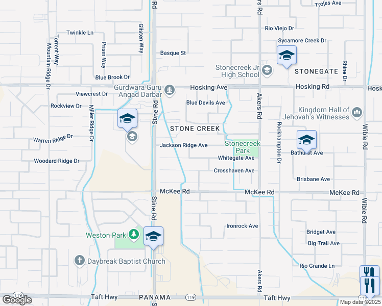 map of restaurants, bars, coffee shops, grocery stores, and more near 4522 Whitegate Avenue in Bakersfield