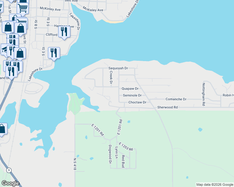 map of restaurants, bars, coffee shops, grocery stores, and more near 815 Shawnee Drive in Eufaula