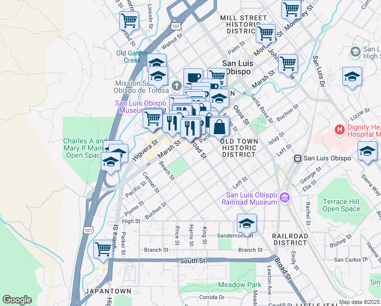 map of restaurants, bars, coffee shops, grocery stores, and more near 1317 Broad Street in San Luis Obispo