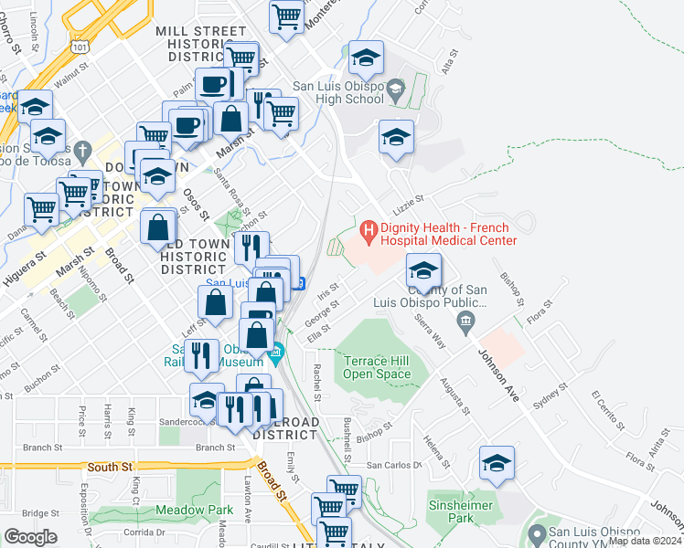 map of restaurants, bars, coffee shops, grocery stores, and more near 1800 Ruth Street in San Luis Obispo