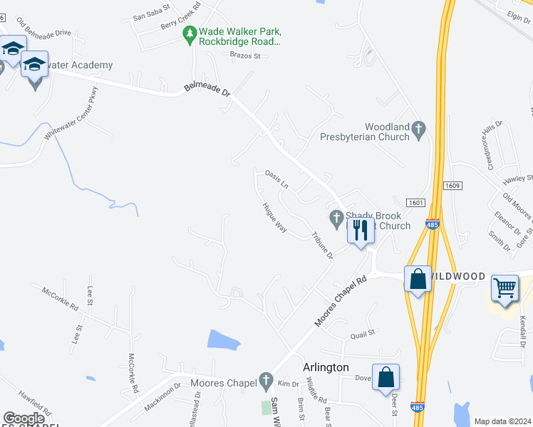 map of restaurants, bars, coffee shops, grocery stores, and more near 10405 Hugue Way in Charlotte