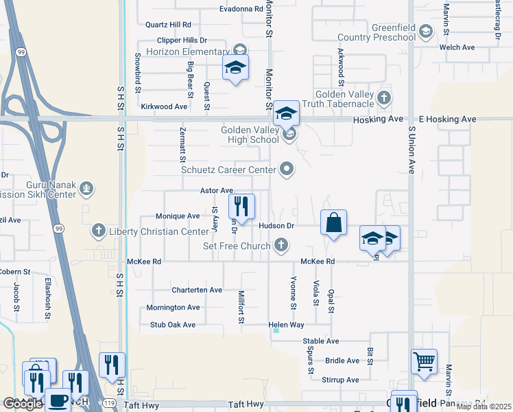 map of restaurants, bars, coffee shops, grocery stores, and more near 8750 Greenfield Park Drive in Bakersfield