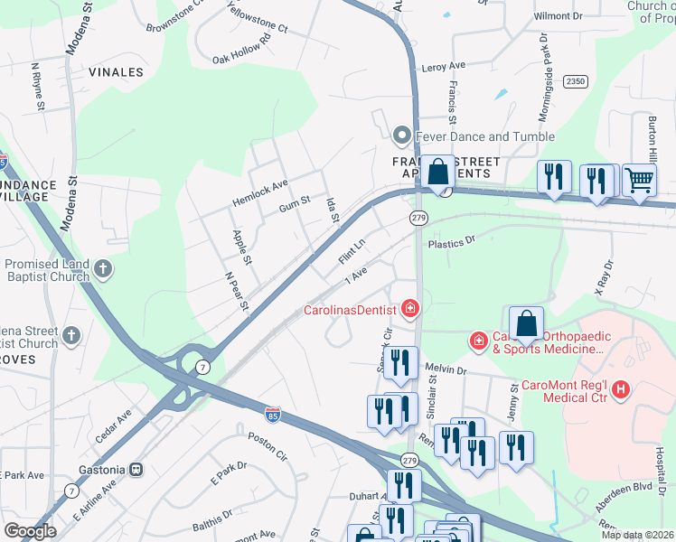 map of restaurants, bars, coffee shops, grocery stores, and more near 1905 Flint Lane in Gastonia