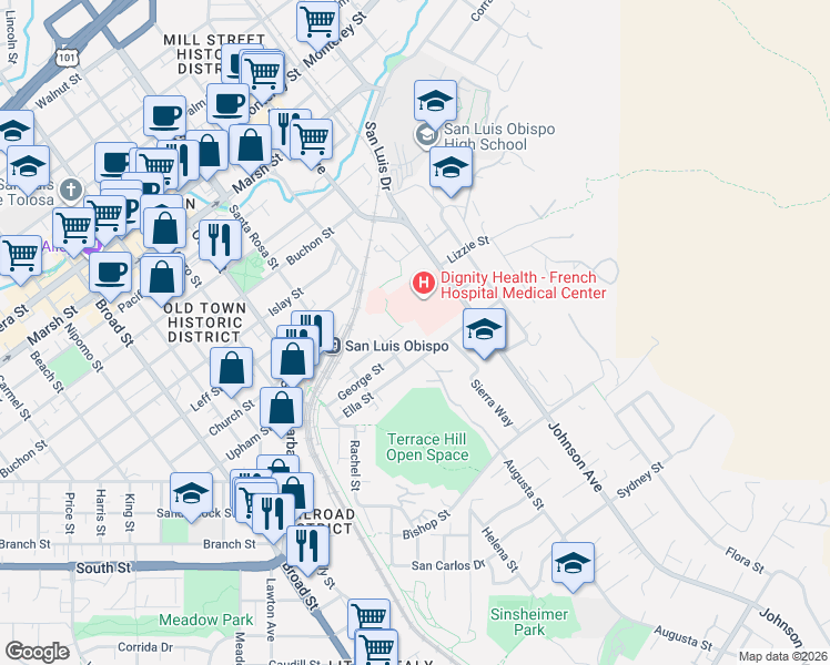 map of restaurants, bars, coffee shops, grocery stores, and more near 1943 Johnson Avenue in San Luis Obispo