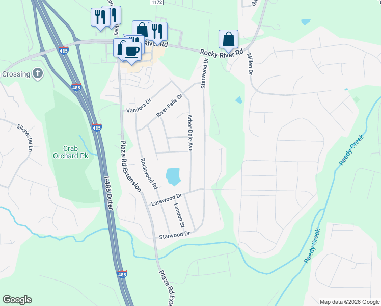 map of restaurants, bars, coffee shops, grocery stores, and more near 10019 Arbor Dale Avenue in Charlotte