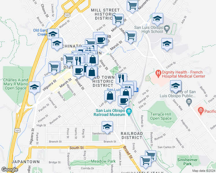 map of restaurants, bars, coffee shops, grocery stores, and more near 1527 Morro Street in San Luis Obispo