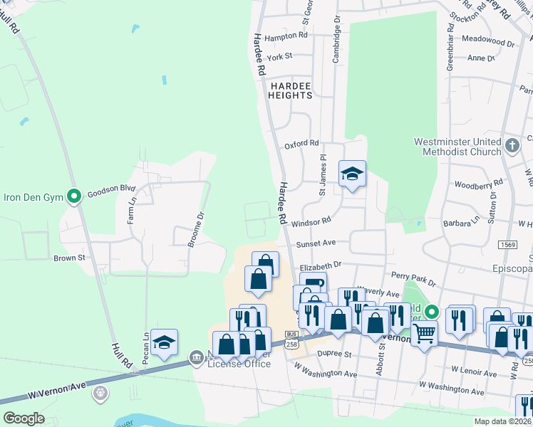 map of restaurants, bars, coffee shops, grocery stores, and more near 1907 Butterfield Lane in Kinston
