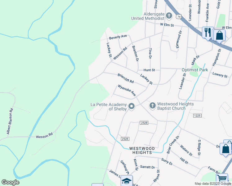 map of restaurants, bars, coffee shops, grocery stores, and more near 1323 Wyanoke Avenue in Shelby