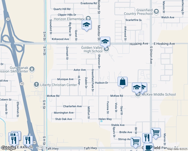 map of restaurants, bars, coffee shops, grocery stores, and more near 8750 Greenfield Park Drive in Bakersfield
