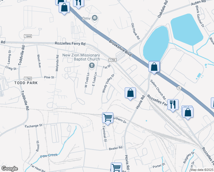 map of restaurants, bars, coffee shops, grocery stores, and more near 5428 Windy Valley Drive in Charlotte