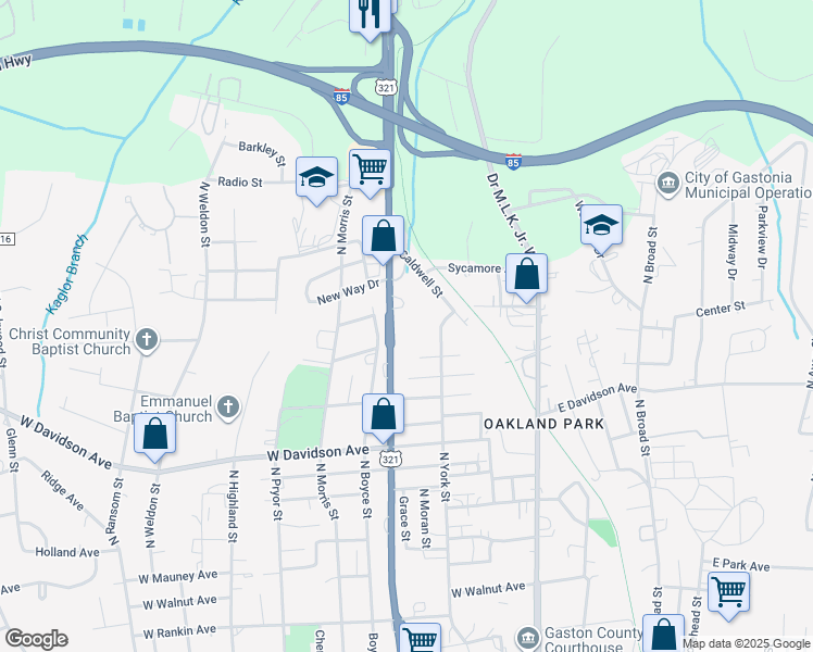 map of restaurants, bars, coffee shops, grocery stores, and more near 1204 North Chester Street in Gastonia