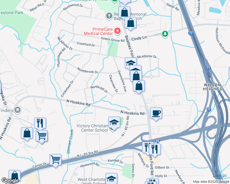 map of restaurants, bars, coffee shops, grocery stores, and more near 3107 Dawnshire Avenue in Charlotte