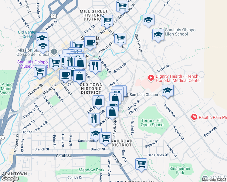 map of restaurants, bars, coffee shops, grocery stores, and more near 1022 Leff Street in San Luis Obispo
