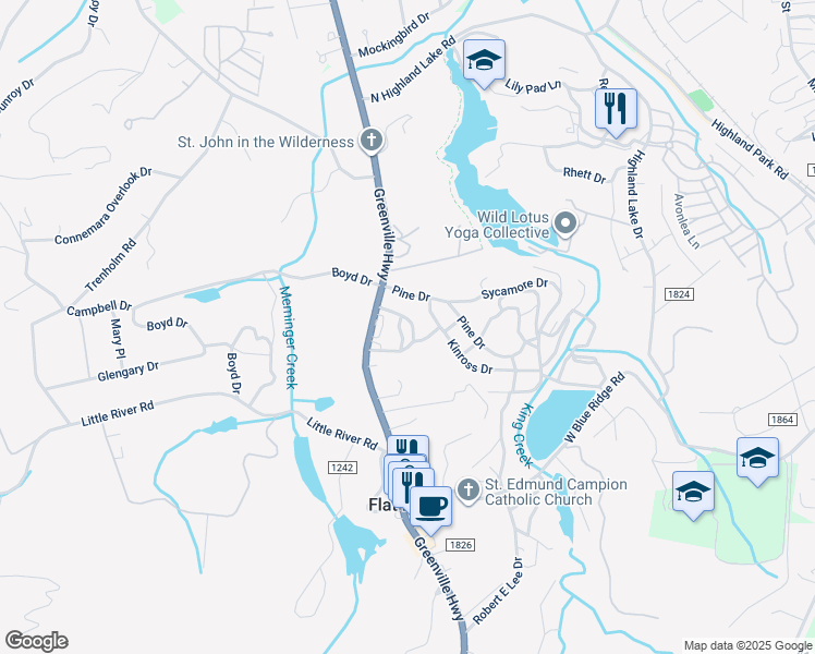 map of restaurants, bars, coffee shops, grocery stores, and more near 92 Bonclarken Lane in Hendersonville