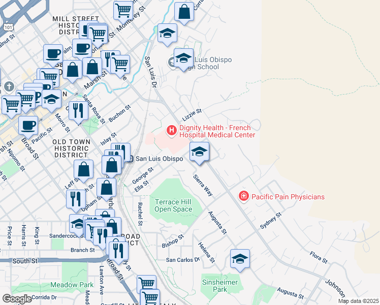 map of restaurants, bars, coffee shops, grocery stores, and more near 1345 Ella Street in San Luis Obispo