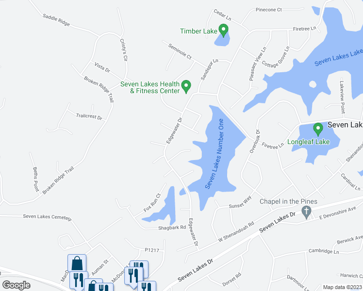 map of restaurants, bars, coffee shops, grocery stores, and more near 105 Swan Run Court in Seven Lakes