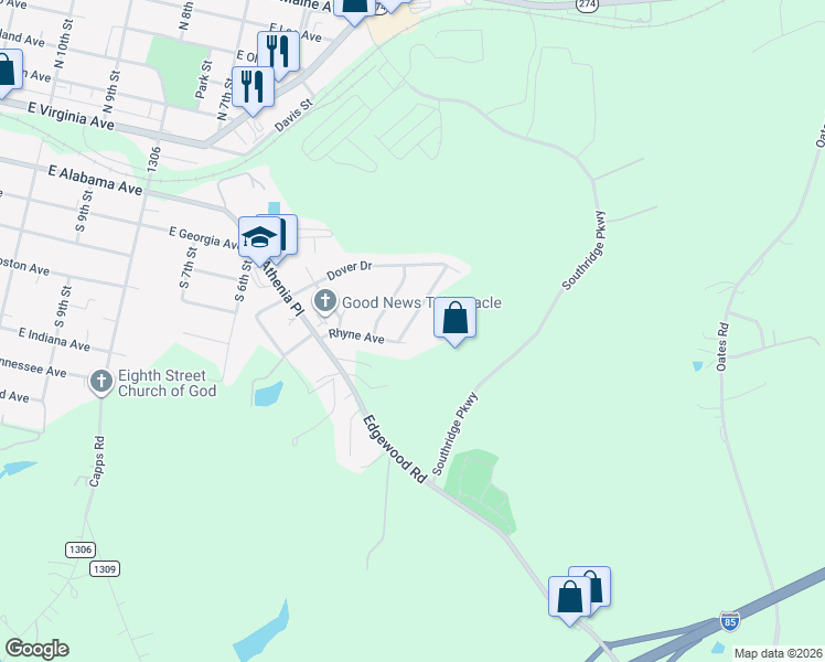 map of restaurants, bars, coffee shops, grocery stores, and more near 117 Hillcrest Drive in Bessemer City