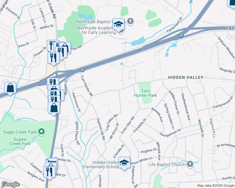 map of restaurants, bars, coffee shops, grocery stores, and more near 1101 Tom Hunter Road in Charlotte