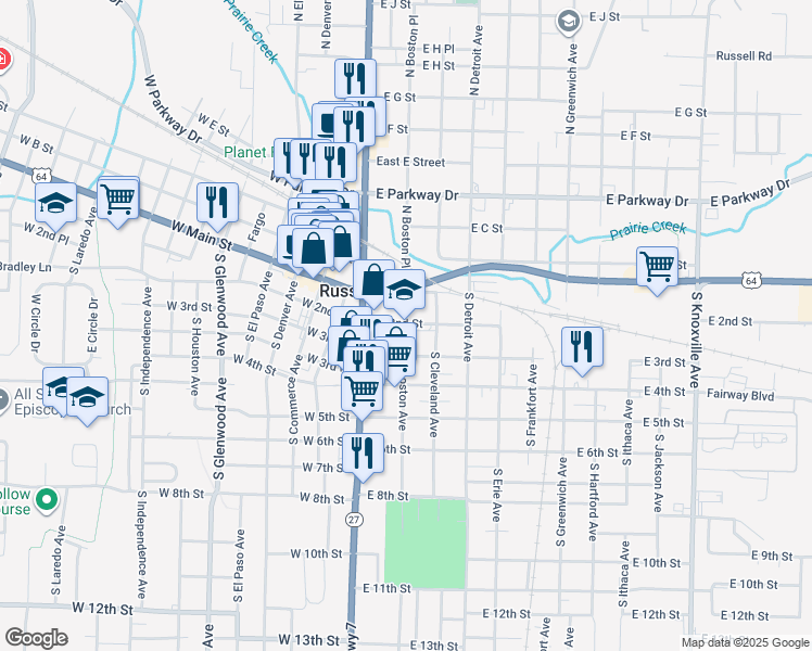 map of restaurants, bars, coffee shops, grocery stores, and more near in Russellville