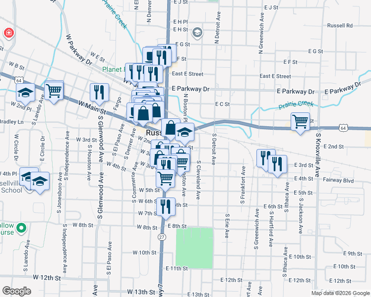 map of restaurants, bars, coffee shops, grocery stores, and more near in Russellville