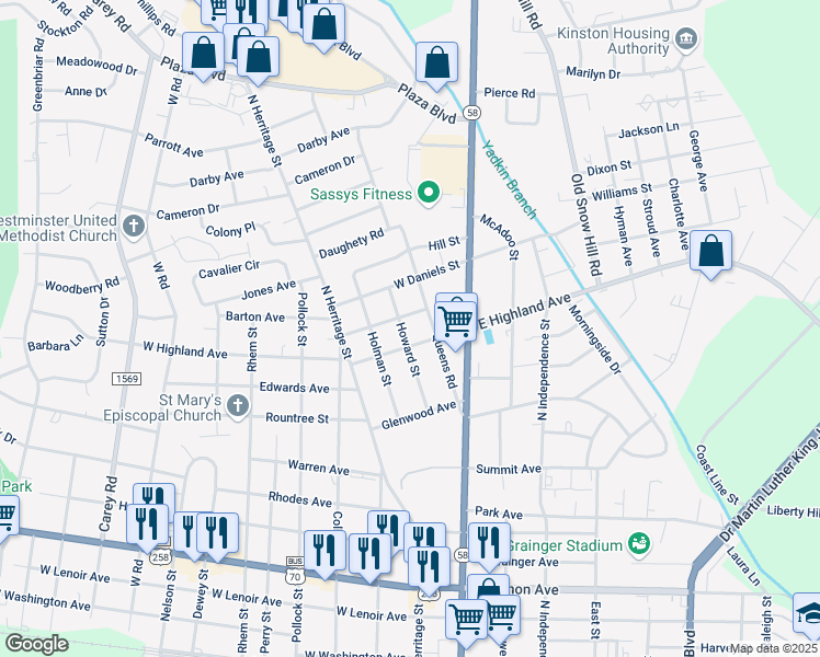 map of restaurants, bars, coffee shops, grocery stores, and more near 1403 Howard St in Kinston