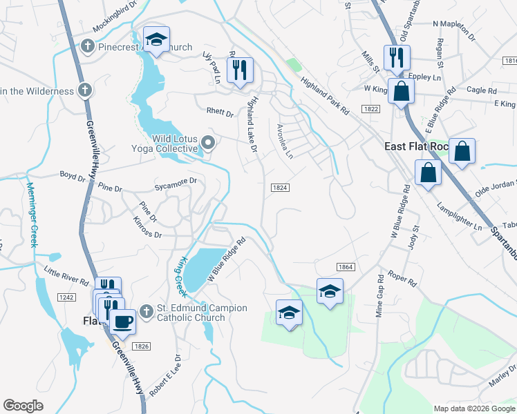 map of restaurants, bars, coffee shops, grocery stores, and more near 408 Highland Lake Drive in Flat Rock