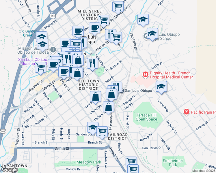 map of restaurants, bars, coffee shops, grocery stores, and more near 1005 Islay Street in San Luis Obispo