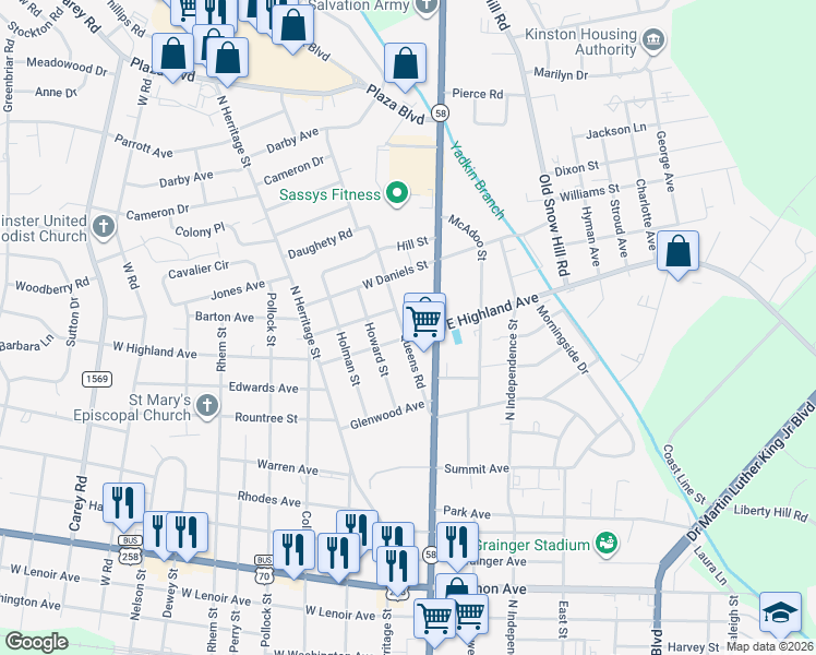 map of restaurants, bars, coffee shops, grocery stores, and more near 103 West Highland Avenue in Kinston