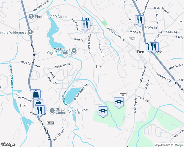map of restaurants, bars, coffee shops, grocery stores, and more near 408 Highland Lake Drive in Flat Rock