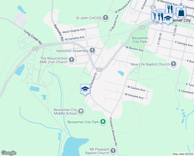 map of restaurants, bars, coffee shops, grocery stores, and more near 314 South Gould Avenue in Bessemer City