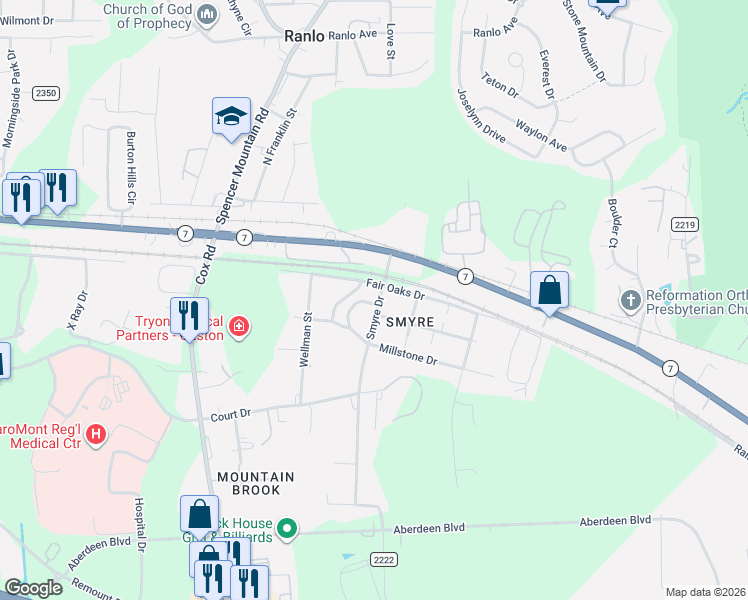 map of restaurants, bars, coffee shops, grocery stores, and more near 1003 Smyre Drive in Gastonia