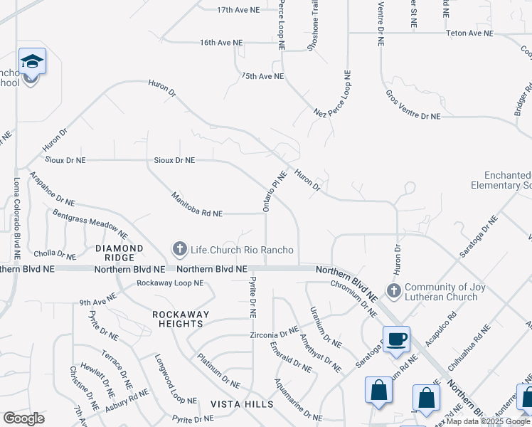 map of restaurants, bars, coffee shops, grocery stores, and more near 1095 Ontario Place Northeast in Rio Rancho