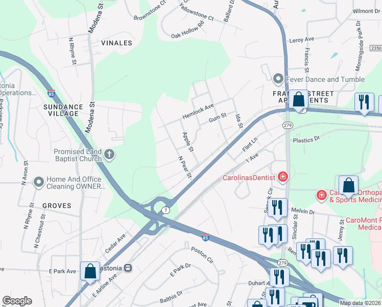 map of restaurants, bars, coffee shops, grocery stores, and more near 411 Apple Street in Gastonia