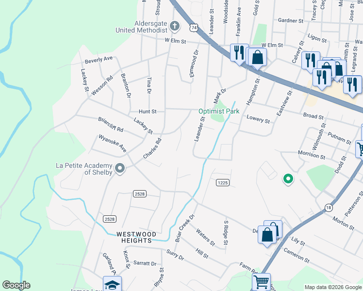 map of restaurants, bars, coffee shops, grocery stores, and more near 709 Walker Drive in Shelby